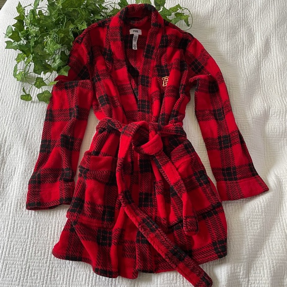 Red Plaid Bathrobe PINK - Picture 1 of 4